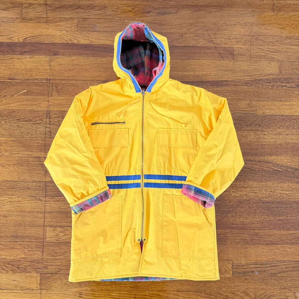 J.G. Hook Men's vintage Yellow Hooded Zip Rain Coat Lined Pockets Size S - Picture 4 of 6